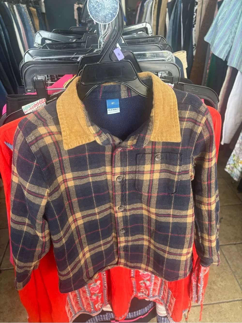Old Navy Navy and Tan Plaid Button-Down Shirt with Corduroy Collar
